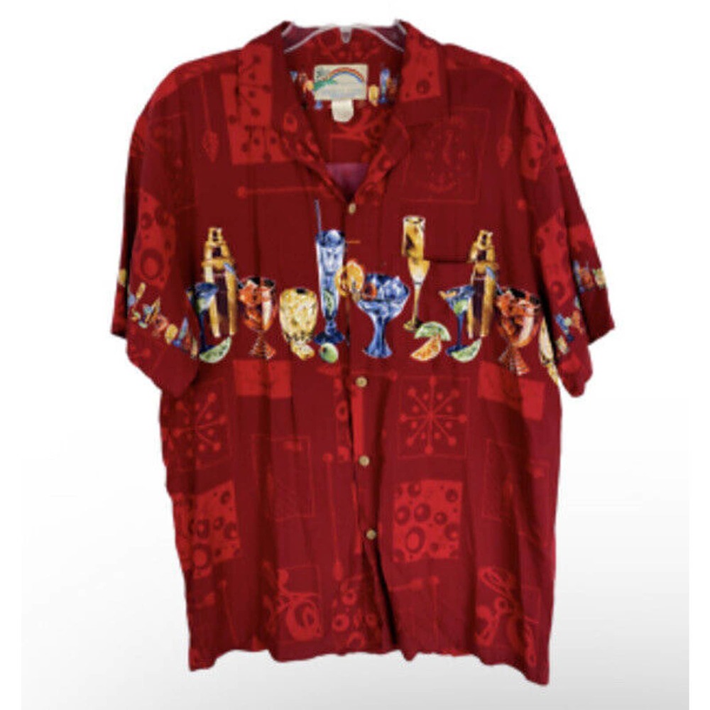 Vintage Paradise Found Mens L Red Shirt Top USA Made Cocktails Hawaiian Aloha